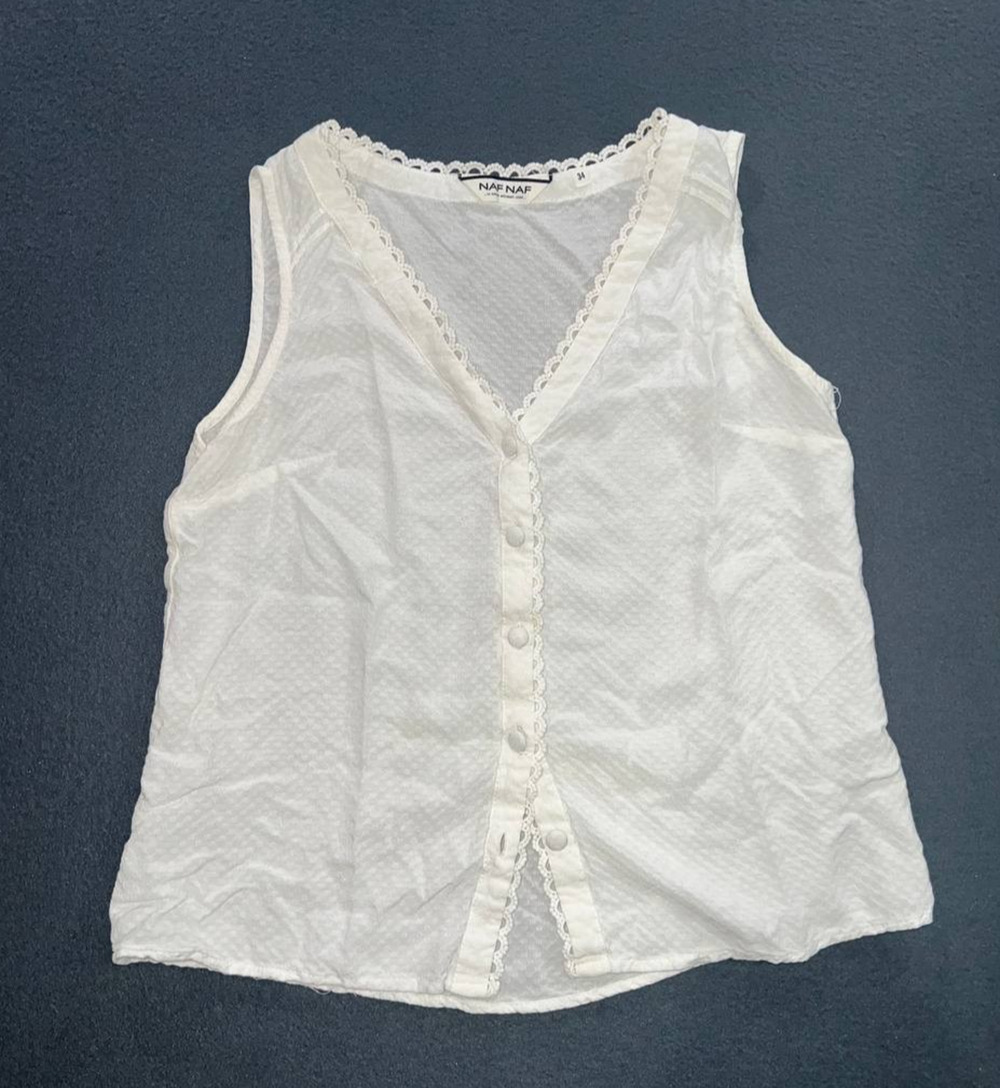 Naf Naf Paris Sz 34 Cream Lace boho Short Sleeve Top Scoop Neck A009179